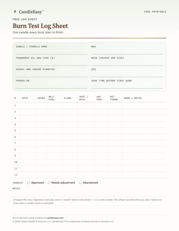 Page one of the Burn Test Log Sheet PDF