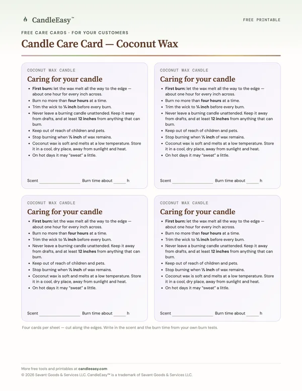 Page one of the Coconut Wax Candle Care Card PDF