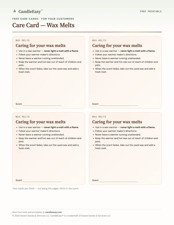 Page one of the Wax Melt Care Card PDF