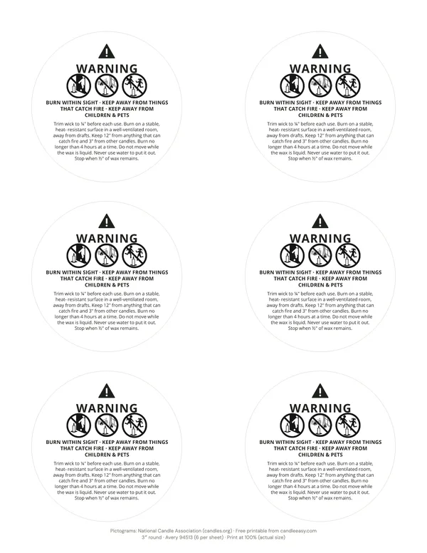 Page one of the Candle Warning Labels with Safety Pictograms PDF