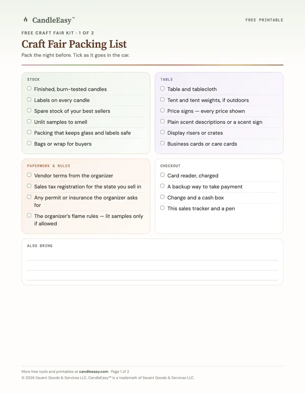 Page one of the Craft Fair Packing List & Sales Tracker PDF