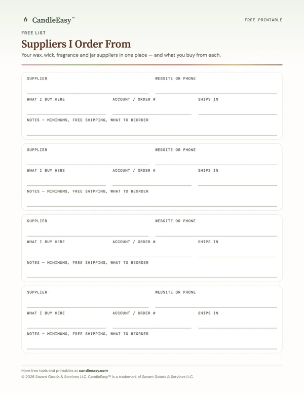 Page one of the Suppliers I Order From PDF