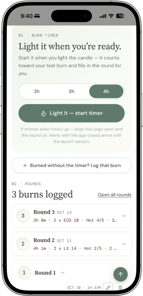 The CandleEasy Testing Lab on a phone: a burn timer set to 4 hours, and three logged burn rounds, each shown on one line with its length, wicks and hot throw.