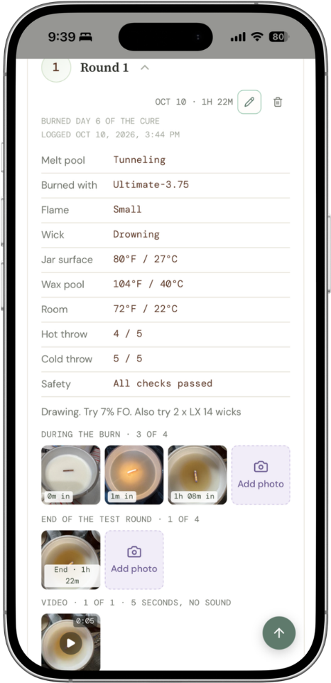 A logged burn round on a phone: melt pool tunneling, a small flame and a drowning wick, temperatures and throw, with its photos during the burn, at the end of the round, and a 5-second video.